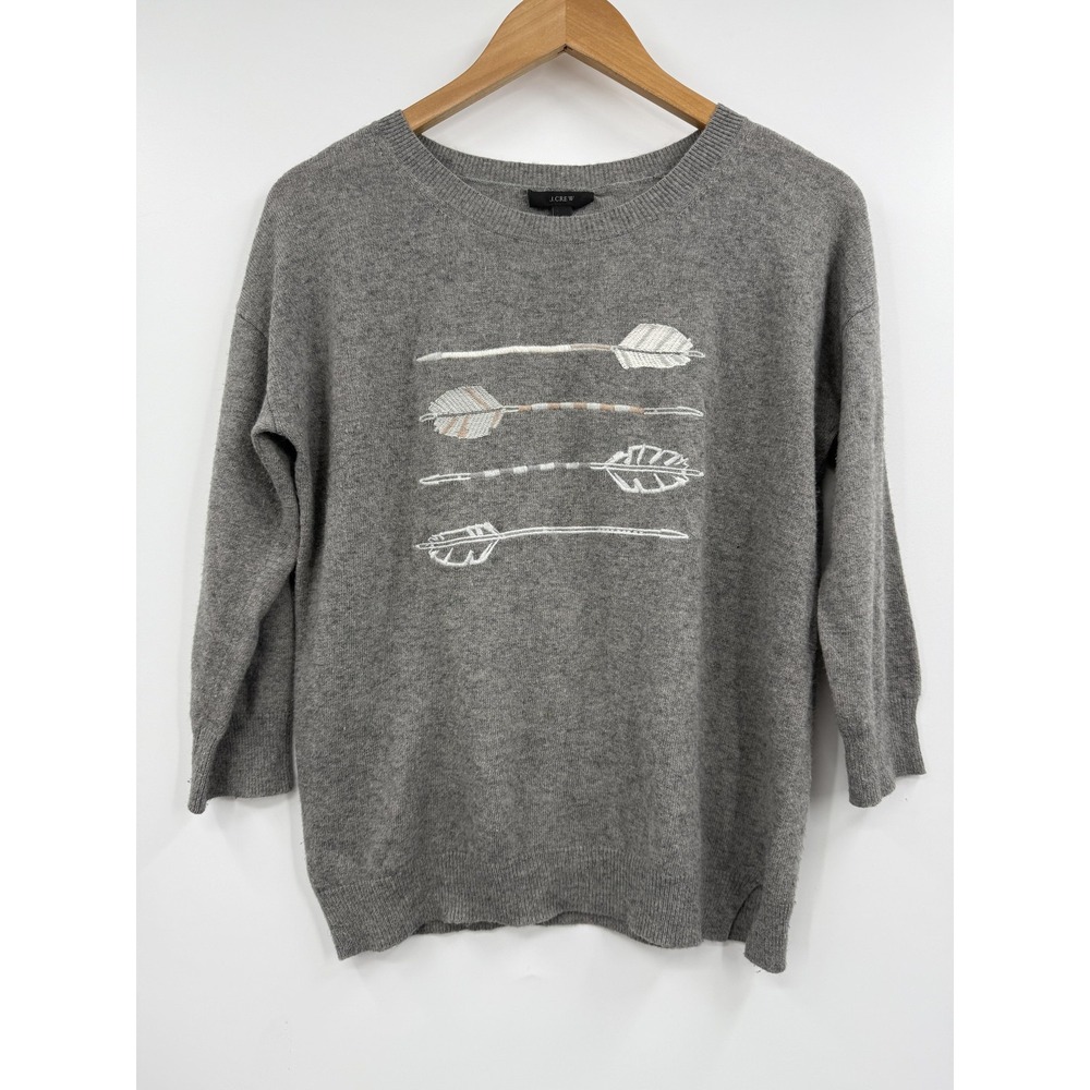 J.Crew Gray Arrow Embroidered‎ 3/4 Sleeve Crew Neck Sweater Casual Top